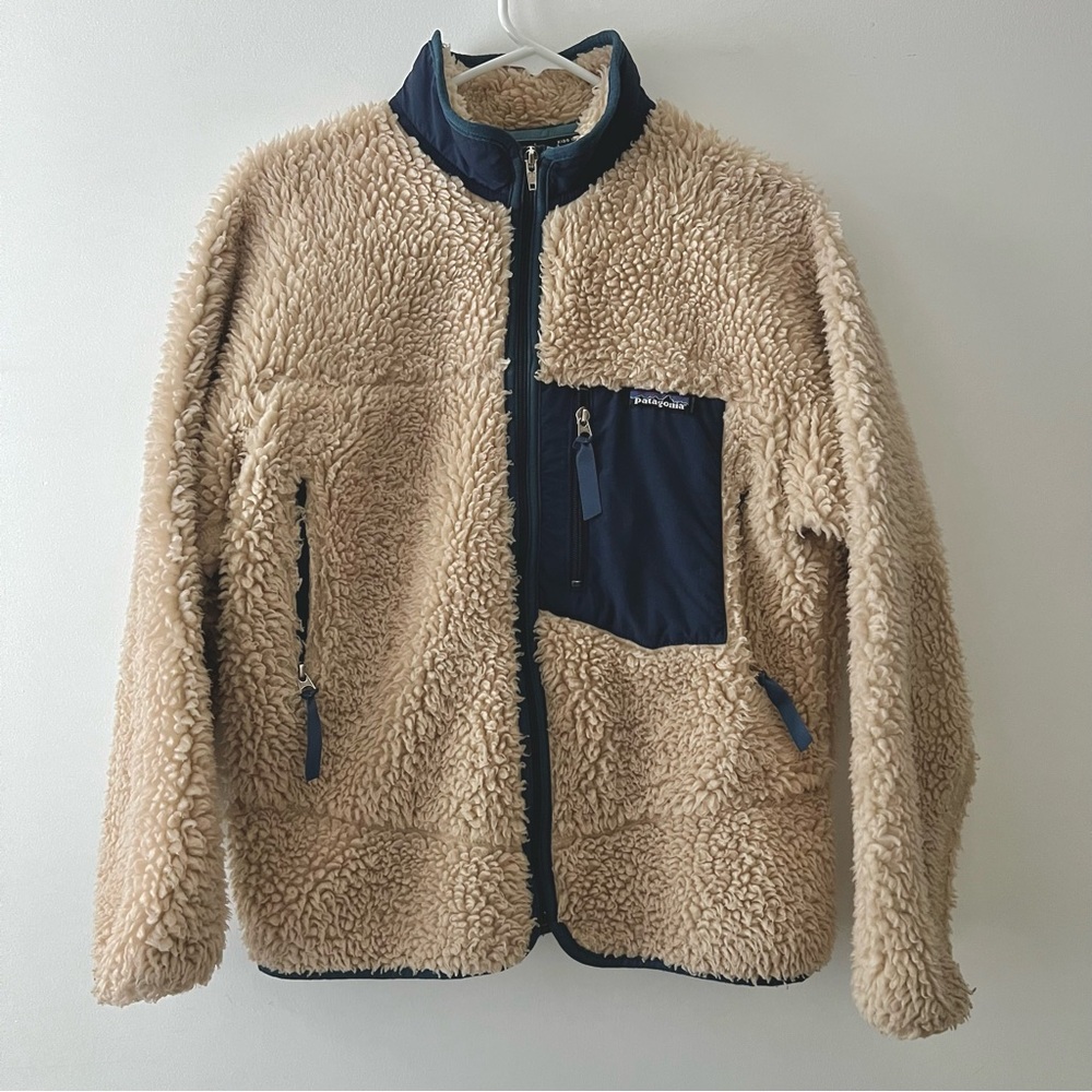 Patagonia Cream Beige Navy Blue Fleece Sherpa Zip Collared Jacket kids 12